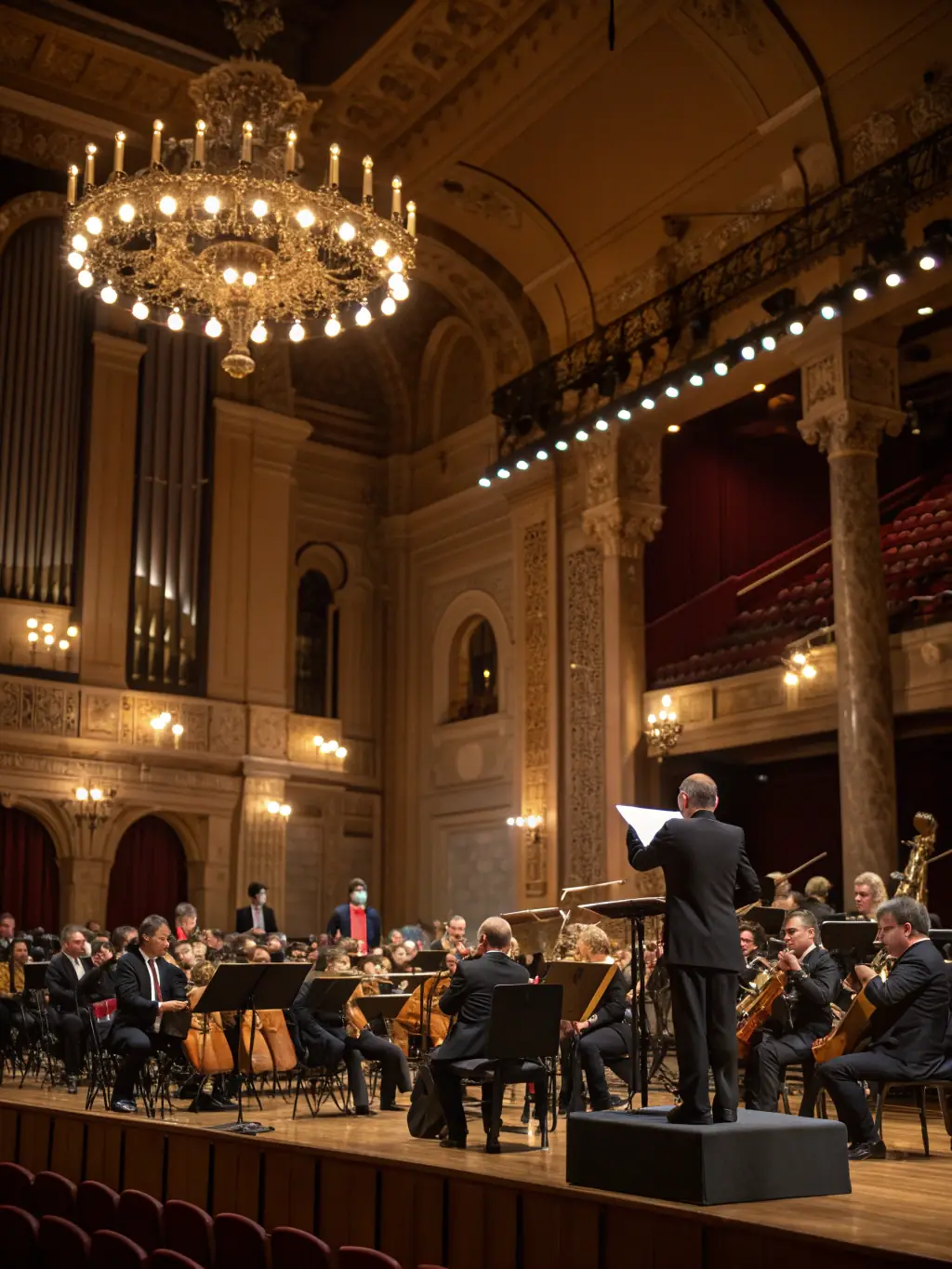 A vibrant photograph capturing a youth orchestra rehearsing, showcasing young musicians passionately playing their instruments under the guidance of a conductor, set in a community hall.