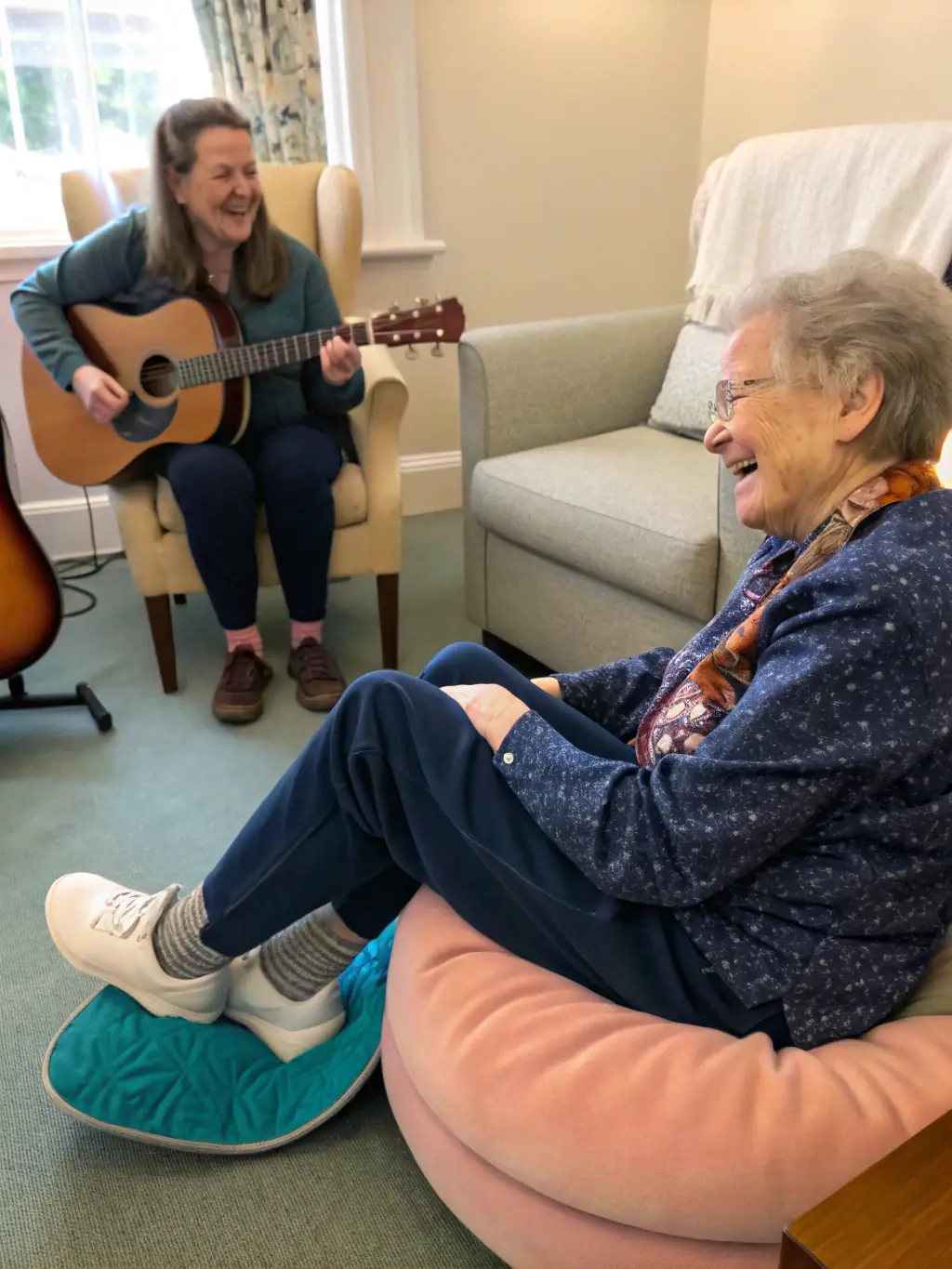 A heartwarming photo of elderly residents participating in a music therapy session, singing along to familiar tunes and engaging with the music therapist.