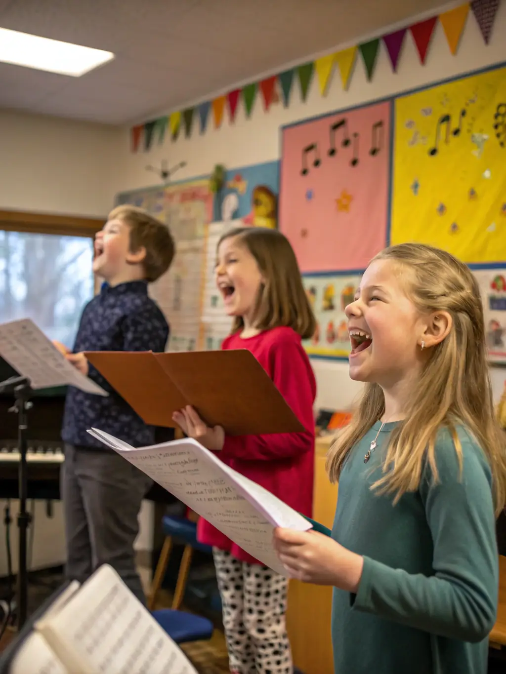 A photograph capturing a children's choir performing on stage during a community event, showcasing youth involvement in music.